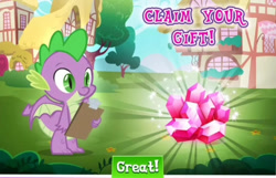 Size: 757x489 | Tagged: safe, gameloft, spike, dragon, g4, clipboard, dragon wings, fangs, gem, house, male, ponyville, smiling, text, winged spike, wings