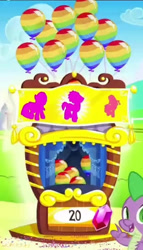 Size: 400x699 | Tagged: safe, gameloft, doctor whooves, photo finish, spike, time turner, trixie, dragon, earth pony, pony, unicorn, g4, balloon, balloon pop, booth, cloud, female, game, gem, male, mare, sky, smiling, stallion