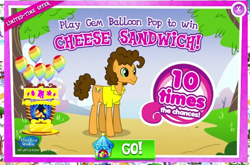 Size: 437x288 | Tagged: safe, gameloft, cheese sandwich, princess celestia, alicorn, earth pony, pony, g4, advertisement, balloon, balloon pop, booth, clothes, female, game, gem, male, mare, shirt, smiling, sparkles, stallion, text