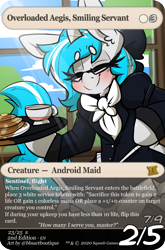 Size: 880x1335 | Tagged: safe, artist:bbsartboutique, oc, oc only, oc:overloaded aegis, pony, robot, robot pony, semi-anthro, arm hooves, card, clothes, female, food, glasses, magic the gathering, maid, pancakes, solo