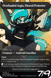 Size: 880x1335 | Tagged: safe, artist:bbsartboutique, oc, oc only, oc:overloaded aegis, pony, robot, robot pony, semi-anthro, arm hooves, card, clothes, cybernetic eyes, cybernetic wings, female, glasses, magic the gathering, maid, solo, weapon, wings