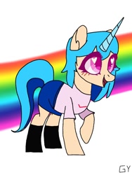 Size: 768x1024 | Tagged: safe, pony, unicorn, clothes, female, friday night funkin', heart, heart eyes, horn, mare, pants, ponified, rainbow, raised hoof, shirt, shoes, simple background, sky (friday night funkin'), smiling, solo, white background, wingding eyes