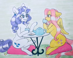 Size: 2576x2051 | Tagged: safe, artist:cherubisous, fluttershy, rarity, pegasus, pony, unicorn, g4, cafe, cushion, duo, food, high res, hoof hold, sitting, tea, teapot, traditional art