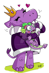 Size: 800x1201 | Tagged: safe, artist:tanichan, queen of the hippos, spike, dragon, hippopotamus, g4, my little pony: the movie, asphyxiation, crown, cute, deviantart watermark, dialogue, eyelashes, eyes closed, female, floating heart, green eyes, hape, heart, hug, jewelry, kiss mark, lipstick, male, obtrusive watermark, one eye closed, open mouth, personal space invasion, regalia, ruff (clothing), simple background, smiling, suffocating, tail, transparent background, watermark