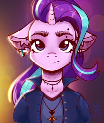 Size: 1600x1900 | Tagged: safe, artist:falafeljake, starlight glimmer, pony, unicorn, g4, :/, bust, clothes, colored sketch, cross, cross necklace, ear piercing, earring, eyebrow piercing, female, floppy ears, gothic, jewelry, lights, mare, necklace, piercing, portrait, sketch, solo