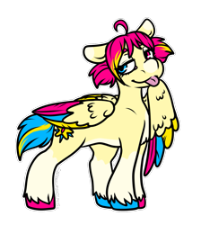 Size: 1155x1287 | Tagged: safe, artist:sexygoatgod, oc, oc only, pegasus, pony, adoptable, bedroom eyes, colored wings, female, hoof polish, hooves, multicolored hooves, multicolored wings, pan, pigtails, pride, simple background, solo, tongue out, transparent background, unshorn fetlocks, wings