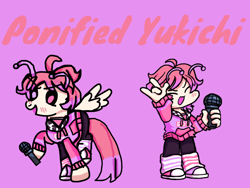Size: 1116x838 | Tagged: safe, artist:joelleart13, alien, alien pony, human, hybrid, pony, antenna, blushing, clothes, crossover, eyes closed, friday night funkin', male, microphone, pants, peace sign, pink background, ponified, raised hoof, shoes, simple background, smiling, spread wings, stallion, sweater, text, wings, yukichi