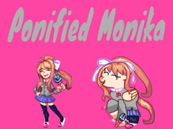 Size: 1033x774 | Tagged: safe, artist:joelleart13, human, pegasus, pony, bow, clothes, crossover, doki doki literature club, eyes closed, female, friday night funkin', hair bow, just monika, mare, microphone, monika, needs more saturation, pink background, ponified, ponytail, raised hoof, school uniform, simple background, skirt, smiling, stockings, style emulation, text, thigh highs, wings, zettai ryouiki