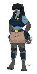 Size: 2000x4000 | Tagged: safe, artist:terton, oc, oc only, oc:morgan graywacke, diamond dog, anthro, digitigrade anthro, abs, anthro oc, badge, clothes, commission, diamond dog oc, digital art, female, female diamond dog, fingerless gloves, gift art, gloves, horn, knee pads, muscles, necktie, police, police badge, police officer, police uniform, shorts, simple background, smiling, solo, tail, transparent background, vest