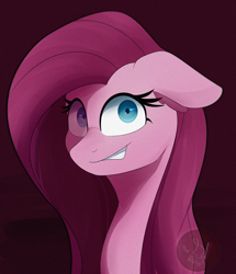 Size: 2220x2580 | Tagged: safe, artist:diamondgreenanimat0, pinkie pie, earth pony, pony, g4, blue eyes, bust, detailed, female, floppy ears, high res, looking at you, pink background, pink hair, pinkamena diane pie, shadow, shrunken pupils, simple background, smiling, solo