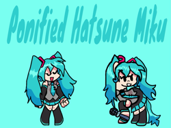 Size: 1119x839 | Tagged: safe, artist:joelleart13, earth pony, human, pony, blue background, boots, clothes, crossover, eyes closed, female, friday night funkin', hatsune miku, mare, microphone, necktie, needs more saturation, pigtails, ponified, raised hoof, shoes, simple background, skirt, smiling, text, vocaloid
