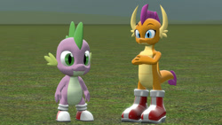 Size: 1280x720 | Tagged: safe, artist:php170, smolder, spike, dragon, g4, 3d, amy rose, boots, clothes, clothes swap, converse, crossed arms, crossover, dragons wearing clothes, duo, looking at you, male, miles "spike" prower, miles "tails" prower, shoes, smiling, smiling at you, smolder rose, sneakers, sonic the hedgehog (series), source filmmaker