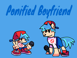 Size: 1118x837 | Tagged: safe, artist:joelleart13, earth pony, human, pony, blue background, boyfriend (friday night funkin), cap, clothes, crossover, friday night funkin', hat, male, microphone, needs more saturation, pants, peace sign, ponified, shirt, shoes, simple background, smiling, stallion, text