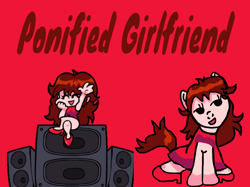 Size: 1118x835 | Tagged: safe, artist:joelleart13, earth pony, human, pony, clothes, crossover, dress, eyes closed, female, friday night funkin', girlfriend (friday night funkin), mare, needs more saturation, ponified, raised hand, red background, simple background, sitting, slippers, smiling, speaker, text