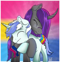 Size: 2073x2160 | Tagged: safe, artist:etheria galaxia, oc, oc only, alicorn, pony, unicorn, alicorn oc, bisexual pride flag, couple, curved horn, cute, duo, ear fluff, female, high res, horn, hug, lgbt, male, mare, pansexual pride flag, pride, pride flag, stallion, straight, tail, unicorn oc, wings