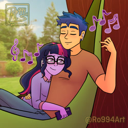 Size: 2880x2880 | Tagged: safe, artist:ro994, flash sentry, sci-twi, twilight sparkle, human, equestria girls, g4, cellphone, cuddling, earbuds, eyes closed, female, glasses, hammock, headphones, high res, listening, listening to music, loose hair, male, music notes, phone, sharing, sharing headphones, ship:flashlight, ship:sci-flash, shipping, smartphone, smiling, straight