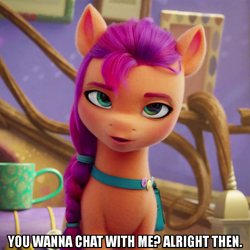 Size: 804x804 | Tagged: safe, edit, edited screencap, editor:mlplover94, screencap, sunny starscout, earth pony, pony, g5, my little pony: a new generation, bag, caption, female, image macro, looking at you, mare, open mouth, saddle bag, solo, text