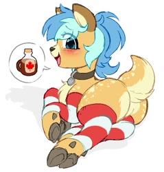 Size: 633x661 | Tagged: safe, artist:stablegrass, oc, oc:chime maplewood, deer, deer pony, original species, blue hair, blushing, butt, clothes, cloven hooves, collar, cute, deer oc, female, fluffy tail, leg warmers, maple syrup, ocbetes, plot, socks, striped socks, tail
