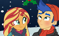 Size: 418x256 | Tagged: safe, artist:argentosgirlsnboys, flash sentry, sunset shimmer, human, equestria girls, g4, christmas, clothes, female, holiday, holly, holly mistaken for mistletoe, male, scarf, ship:flashimmer, shipping, snow, snowfall, straight