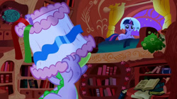 Size: 1192x670 | Tagged: safe, screencap, spike, twilight sparkle, dragon, pony, unicorn, friendship is magic, g4, season 1, angry, bed, bedroom, book, bookshelf, curtains, female, golden oaks library, hat, horn, lampshade, lampshade hat, lying down, male, mare, night, pillow, pillow hat, prone, stars, unicorn twilight, window, youtube link