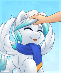 Size: 2000x2400 | Tagged: safe, artist:rivin177, oc, oc:cold front, human, pegasus, pony, blue, clothes, commission, eyes closed, hand, high res, male, petting, raised hoof, scarf, simple background, snow, snowflake, sparkles, spread wings, stallion, tongue out, wings, ych result