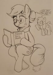 Size: 1300x1853 | Tagged: safe, artist:yidwags, derpibooru exclusive, apple bloom, applejack, earth pony, pony, g4, book, dialogue, duo, duo female, female, glasses, mare, older, older apple bloom, older applejack, reading, requested art, sitting, smiling, speech bubble, traditional art