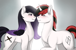 Size: 4050x2688 | Tagged: safe, artist:bellfa, oc, oc only, oc:vapor mist, oc:velvet, pegasus, pony, unicorn, blushing, commission, couple, duo, duo male and female, eye contact, eyebrows, eyebrows visible through hair, eyelashes, feathered wings, female, femboy, folded wings, girly, gradient hair, heart, heart eyes, high res, horn, lidded eyes, looking at each other, looking at someone, love, male, mare, not blackjack, original art, pegasus oc, pegasus wings, pony oc, purple eyes, purple hair, raised hoof, raised leg, red eyes, red hair, simple background, smiling, smiling at each other, stallion, straight, trap, unicorn oc, wingding eyes, wings