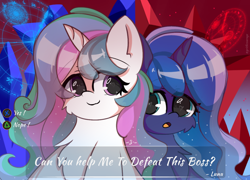 Size: 2000x1440 | Tagged: safe, artist:grithcourage, princess celestia, princess luna, alicorn, pony, g4, :3, :o, adorable face, button, cute, cutelestia, dialogue, duo, duo female, duo focus, female, game, heart, heart eyes, lunabetes, male, open mouth, parody, question, scene interpretation, scene parody, siblings, sisters, smiling, teenager, wingding eyes