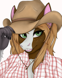 Size: 4032x5050 | Tagged: safe, artist:bellfa, oc, oc only, anthro, absurd resolution, brown hair, bust, clothes, commission, cowboy hat, eyelashes, female, freckles, green eyes, hat, looking at you, open mouth, original art, portrait, shirt, simple background, smiling, smiling at you, solo, ych result