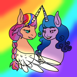 Size: 800x800 | Tagged: safe, artist:bluefinarts, izzy moonbow, sunny starscout, alicorn, pony, unicorn, g5, my little pony: a new generation, bust, female, izzyscout, lesbian, pride month, race swap, shipping, sunnycorn