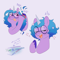 Size: 2048x2048 | Tagged: safe, artist:aztrial, izzy moonbow, pony, unicorn, g5, alternate hairstyle, bust, cute, dreamworks face, eyebrows, eyebrows visible through hair, eyes closed, female, filly, filly izzy moonbow, foal, glasses, haircut, high res, izzybetes, new hairstyle, paintbrush, scissors, short hair, solo, uni-cycling, younger