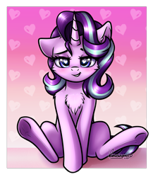 Size: 2000x2300 | Tagged: safe, artist:kruszyna25, starlight glimmer, pony, unicorn, bedroom eyes, blushing, chest fluff, cute, eyebrows, female, frog (hoof), glimmerbetes, gradient background, grin, heart, heart eyes, high res, lidded eyes, looking at you, mare, one ear down, signature, sitting, smiling, smiling at you, solo, underhoof, wingding eyes