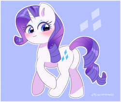 Size: 3736x3147 | Tagged: safe, artist:leo19969525, rarity, pony, unicorn, g4, blue eyes, blushing, butt, cute, female, hair, high res, horn, looking at you, looking back, looking back at you, mare, plot, raribetes, simple background, smiling, smiling at you, solo, tail, walking