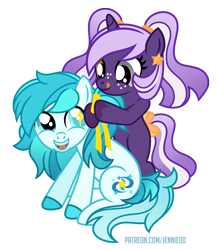 Size: 875x1000 | Tagged: safe, artist:jennieoo, oc, oc:midnight twinkle, oc:starry swirl, earth pony, pony, unicorn, happy, ponytail, ribbon, show accurate, simple background, smiling, tongue out, transparent background, vector