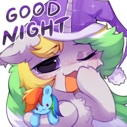 Size: 1000x1000 | Tagged: safe, artist:astralblues, rainbow dash, oc, oc:lemonswoosh, pony, unicorn, g4, female, hat, mare, nightcap, one eye closed, plushie, solo, yawn