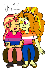 Size: 2000x2927 | Tagged: safe, artist:horroraceman93, adagio dazzle, sunset shimmer, human, equestria girls, g4, anatomically incorrect, bisexual pride flag, duo, female, high res, lesbian, lesbian pride flag, pride, pride flag, pride month, sandals, ship:sunsagio, shipping, simple background, sleeping, transparent background