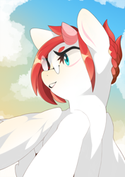 Size: 2894x4093 | Tagged: safe, artist:sugarelement, oc, oc:red cherry, hybrid, pegasus, pony, cloud, dramatic, flying, glasses, solo, sunset