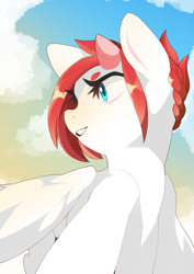 Size: 2894x4093 | Tagged: safe, artist:sugarelement, oc, oc:red cherry, hybrid, pegasus, pony, cloud, dramatic, flying, solo