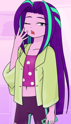Size: 740x1280 | Tagged: safe, artist:batipin, aria blaze, human, equestria girls, g4, belly button, cellphone, female, loose hair, midriff, one eye closed, open mouth, phone, smartphone, solo, yawn