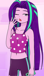 Size: 740x1280 | Tagged: safe, alternate version, artist:batipin, aria blaze, human, equestria girls, g4, bare shoulders, belly button, cellphone, female, loose hair, midriff, one eye closed, open mouth, phone, sleeveless, smartphone, solo, yawn