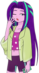 Size: 680x1248 | Tagged: safe, alternate version, artist:batipin, aria blaze, human, equestria girls, g4, belly button, cellphone, female, loose hair, midriff, one eye closed, open mouth, phone, simple background, smartphone, solo, transparent background, yawn