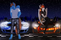 Size: 2970x1947 | Tagged: safe, artist:carbutt69, oc, oc:buckshot, oc:cannon car, pegasus, anthro, car, chevrolet camaro, clothes, daisy dukes, dodge (car), finish line, hair tie, heterochromia, jeans, kneesocks, multicolored hair, night, night sky, pants, ponytail, race, scar, shorts, sky, socks, tsundere