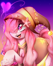 Size: 4007x4966 | Tagged: safe, artist:pozya1007, oc, oc only, original species, pony, absurd resolution, clothes, commission, flower, hair over one eye, hat, magic, open mouth, potion, shiny, simple background, smiling, solo, witch hat, younger