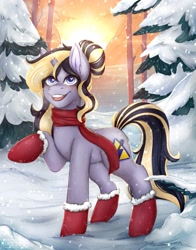Size: 1001x1280 | Tagged: safe, artist:bellfa, oc, oc only, pony, unicorn, blue eyes, broken horn, clothes, commission, female, forest, full body, horn, looking at you, mare, original art, pony oc, raised leg, scarf, smiling, smiling at you, snow, snowfall, socks, solo, tree, unicorn oc, wide eyes, winter, yellow hair