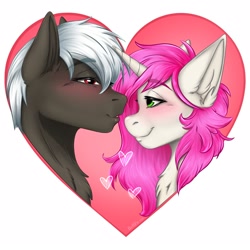 Size: 1600x1600 | Tagged: safe, artist:bellfa, oc, oc only, pony, unicorn, bust, commission, couple, duo, duo male and female, ear fluff, embarrassed, eyelashes, female, gradient hair, green eyes, heart, holiday, horn, looking at each other, looking at someone, love, male, neck fluff, original art, pink hair, pony oc, red eyes, smiling, sticker, straight, unicorn oc, valentine, valentine's day, ych result