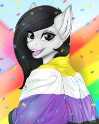 Size: 1600x2004 | Tagged: safe, artist:bellfa, oc, oc only, anthro, anthro oc, black hair, commission, ear fluff, eyelashes, female, gradient hair, gray eyes, lgbt, looking at you, nonbinary pride flag, open mouth, original art, pride, pride flag, smiling, smiling at you, solo, wide eyes, ych result