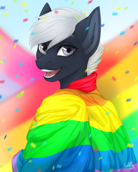 Size: 4032x5050 | Tagged: safe, alternate character, alternate version, artist:bellfa, oc, oc only, oc:aiden, anthro, absurd resolution, anthro oc, black hair, bust, commission, female, gray eyes, lgbt, looking at you, open mouth, original art, portrait, pride, pride flag, smiling, smiling at you, solo, white hair, wide eyes, ych result