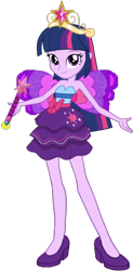 Size: 502x1024 | Tagged: safe, artist:fireluigi29, artist:user15432, twilight sparkle, fairy, human, equestria girls, g4, bare shoulders, big crown thingy, clothes, crown, dress, element of magic, fairy princess, fairy wings, fairyized, fall formal outfits, female, high heels, jewelry, looking at you, magic wand, purple wings, regalia, shoes, simple background, sleeveless, solo, strapless, transparent background, twilight sparkle (alicorn), wings