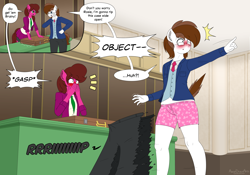 Size: 5000x3500 | Tagged: safe, artist:aarondrawsarts, oc, oc:brain teaser, oc:rose bloom, anthro, blushing, boxers, brainbloom, clothes, courtroom, dialogue, embarrassed, female, lawyer, male, oc x oc, shipping, shocked, straight, suit, underwear, wardrobe malfunction
