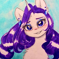 Size: 1024x1024 | Tagged: safe, artist:cherubisous, rarity, pony, unicorn, g4, bust, chest fluff, ear piercing, earring, female, jewelry, looking at you, piercing, portrait, smiling, solo, traditional art